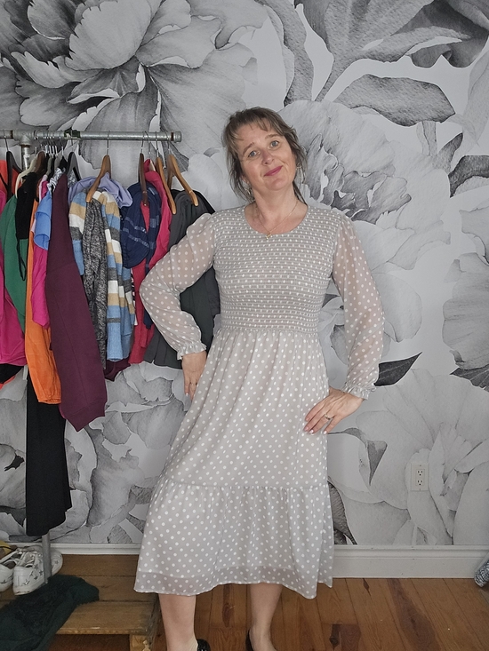 Dresses & Skirts - Jilly BOX Light Gray Polka Dot Midi Dress with Sheer Sleeves